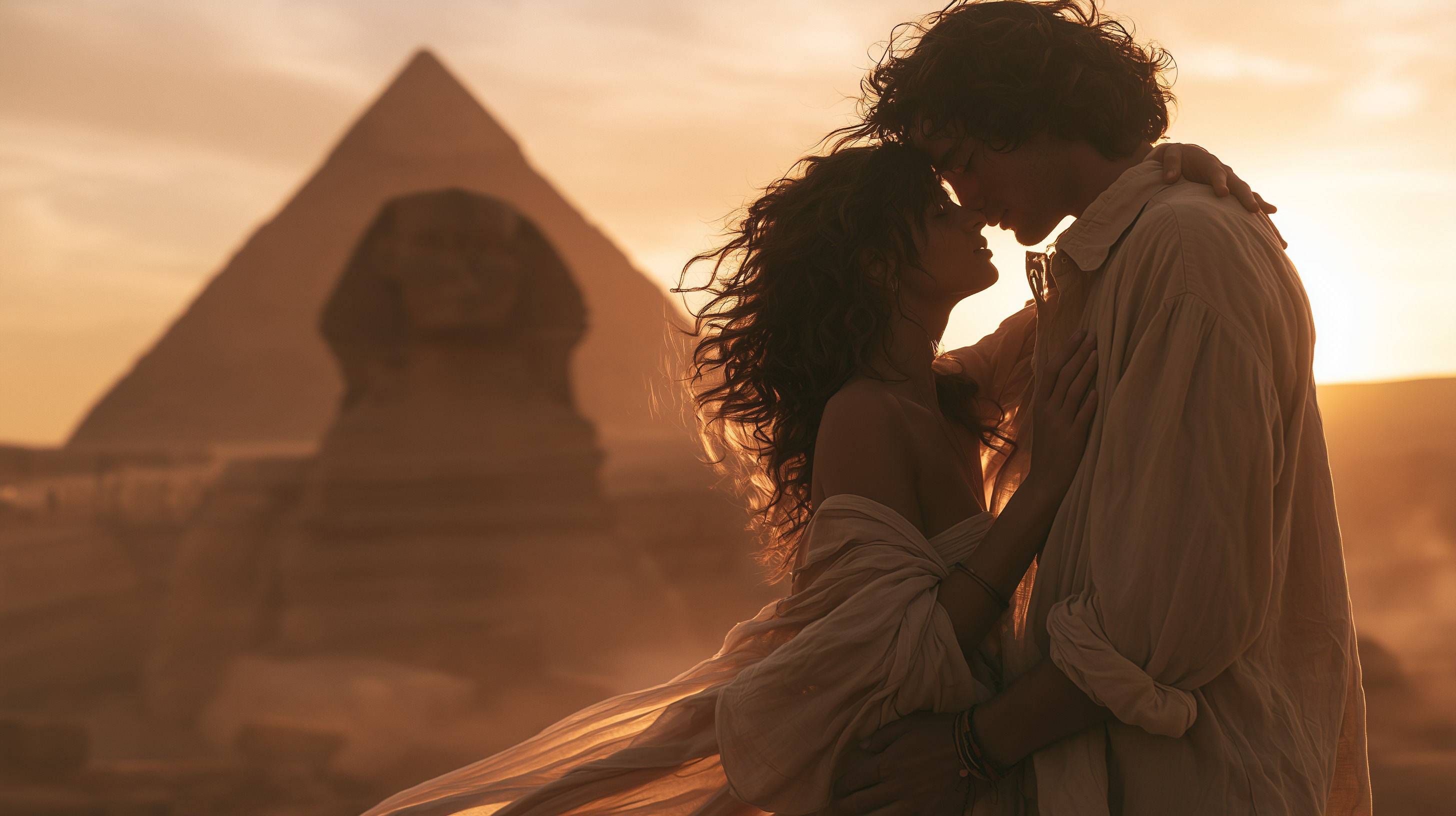 Couple embracing at sunset before the Great Pyramid and Sphinx, Egyptian High Tantra